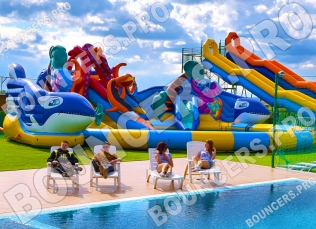 Надувной аквапарк для бизнеса «Чудо-Юдо» - Аквапарки. Цена:27900 руб. ширина:18.9 м, длина:23.5 м, высота:7.0 м, вес:1450